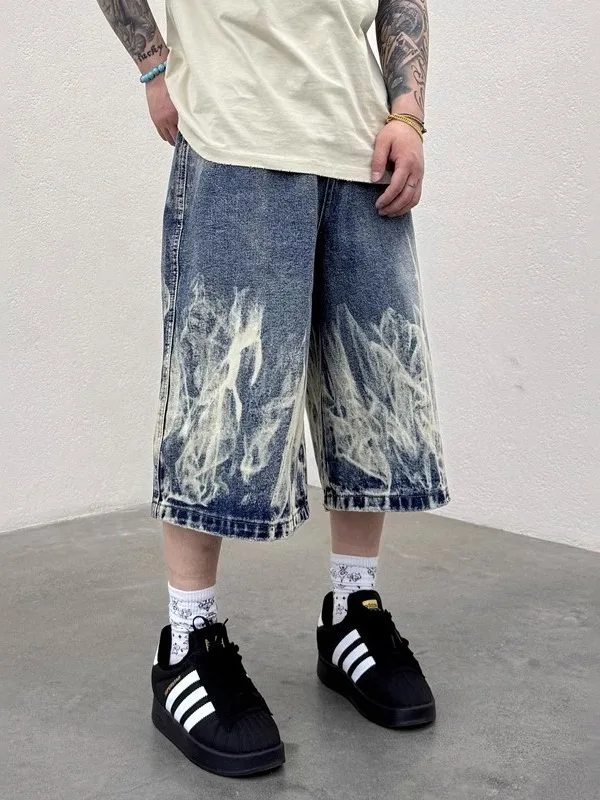 

Waed Denim Flame Design Men's orts Casual Loose Fit Straight Leg Seven-Foot Pants Summer American Retro Trendy Brand