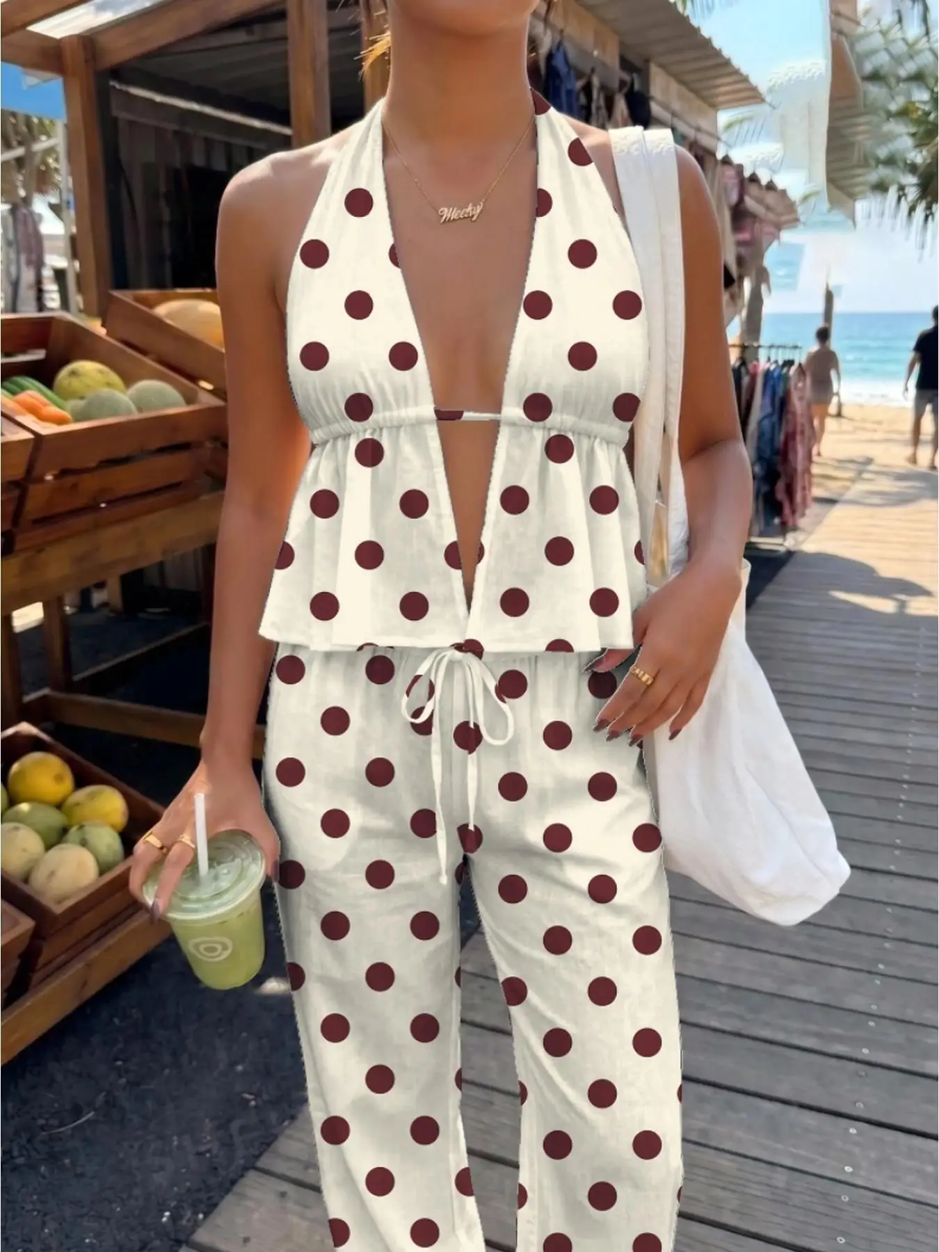 Vintage Large Dot Halter Top with Frill & Drawstring Wide Leg Pants Set Y2K Boho Style Open Back Peplum Ruffle Hem Elastic High view 5