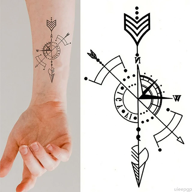 Pegatina de tatuaje temporal impermeable brujula flecha reloj romano arte corporal pequeno tatuaje Flash tatuaje falso para mujeres y hombres AliExpress