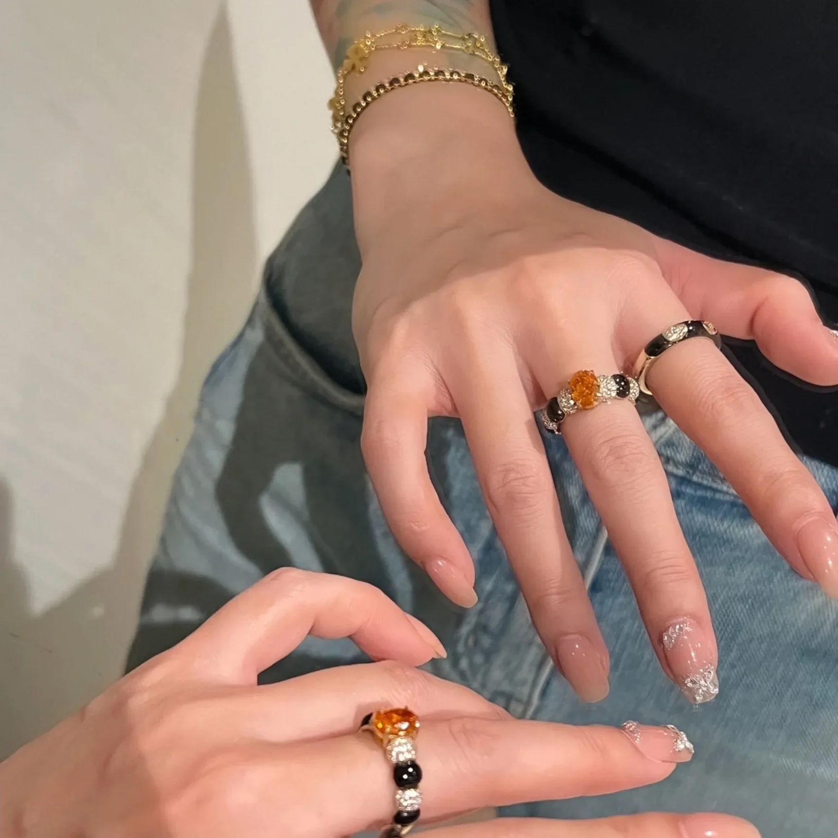 Vintage inlay Diamond Black enamel Shining Orange Gemstone rings for women High quality Laziness Style Ring Wedding Jewelry