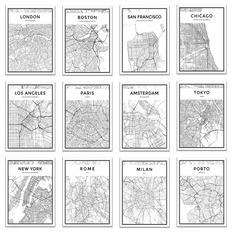 Pinturas en lienzo de mapa de la ciudad del mundo en blanco y negro, arte de pared de Nueva York, Tokio, París, póster e impresiones, imágenes nórdicas para sala de estar