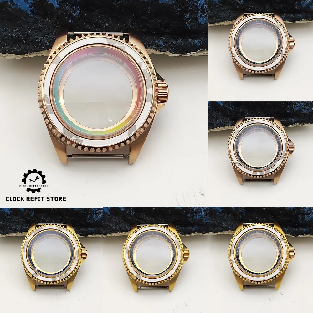 42mm Men's Watch Mechanical Case Fittings, Gold/Pink Gold Plated Case, NH35 Case, Sapphire Crystal, Transparent Back