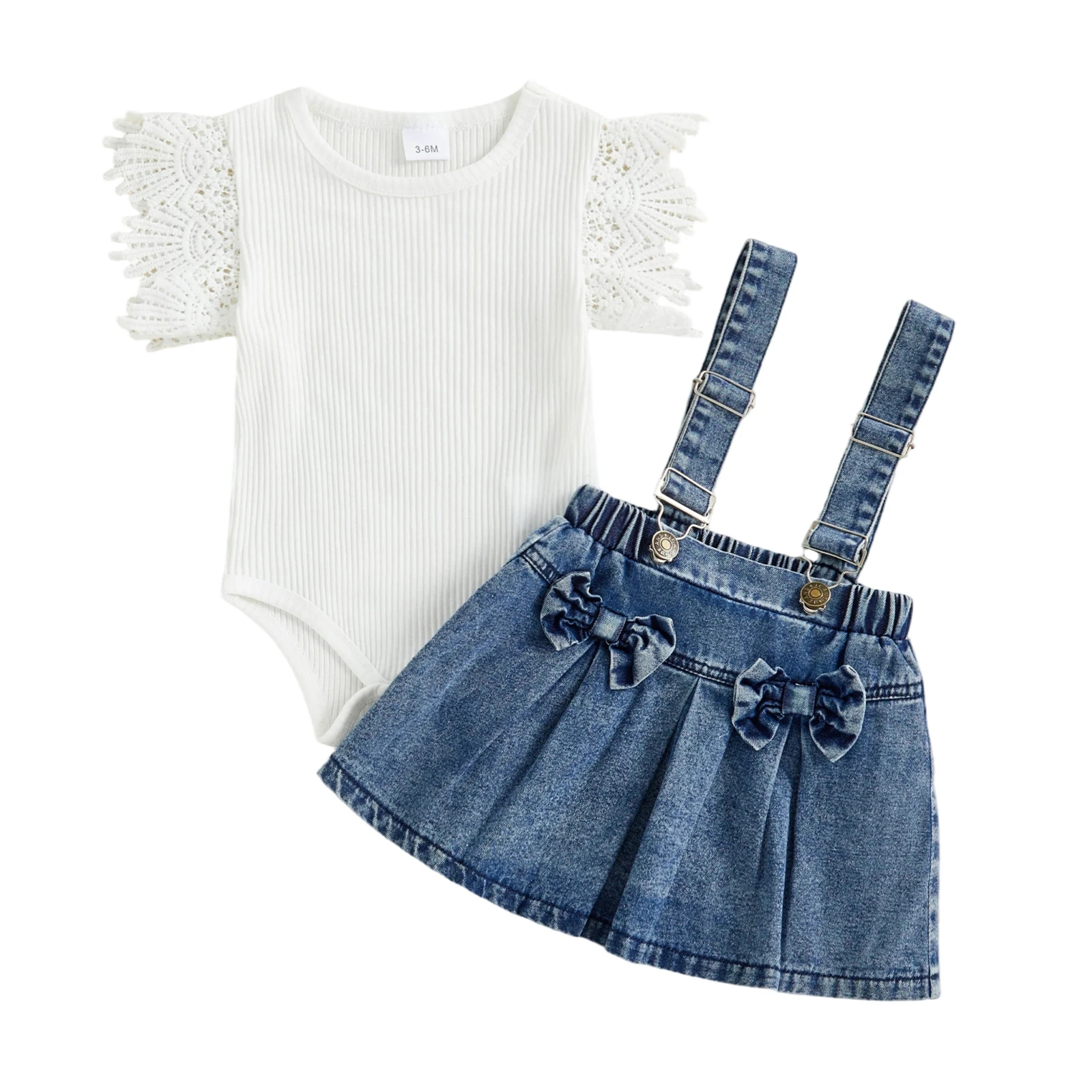 

Baby Girl Summer Outfit Lace Short Sleeve Ribbed Romper and Bow Denim Suspender Skirt 2 Piece Set