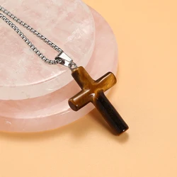 Natural Crystals Cross Shape 44x27mm Tiger Eye Rose Quartz Pendant 60cm Stainless Steel Necklace Women Chakra Healing Jewelry