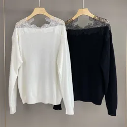 Women's Elegant Lace Mesh Stitching Knitted Cashmere Long-Sleeved Pullover Sweater