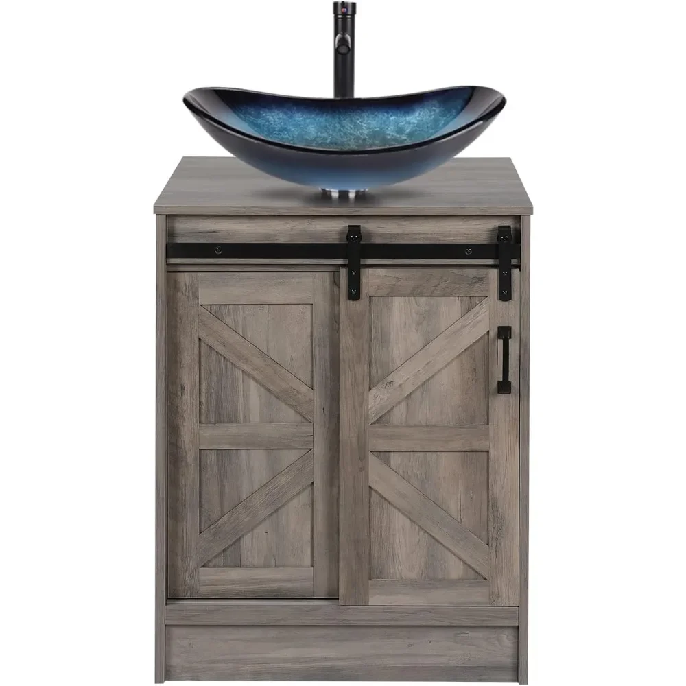 Bathroom Vanity, Barn Door Modern Wood Fixture Stand Bathroom Cabinet with Bathroom Boat Glass Vessel Sink Top