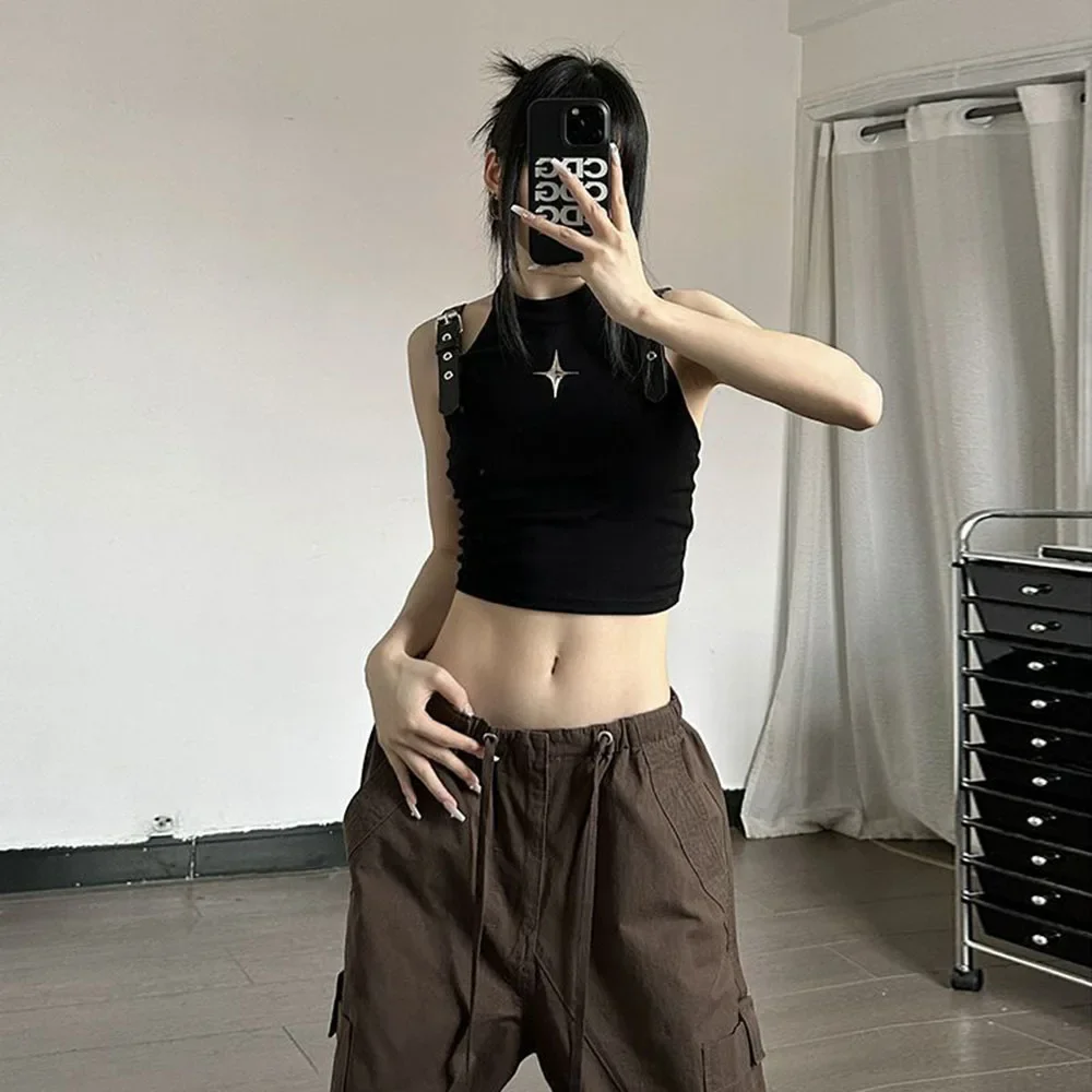 ผู้หญิง Tank Top Y2k Streetwear Star Metal Halter Cool สาวแขนกุดสีดําเสื้อกั๊กด้านล่างเสื้อผ้า Tee y2k