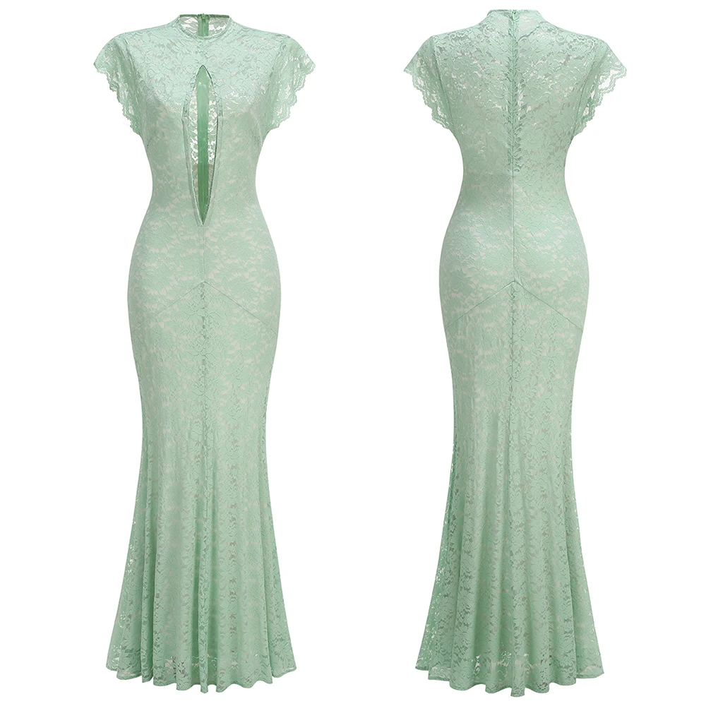 Retro Mint Green Lace Long Dress Elegant Cap Sleeve Cutout Mermaid Evening Gown Casual Date Cocktail Party Wedding Guests