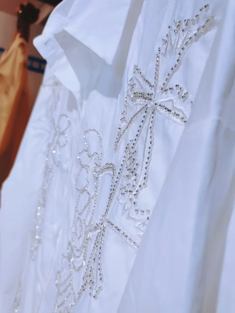 

High Street Y2K Bling Embroidery Cotton White Shirts and Blouses Women's 2025 Trend New Long Sleeve Tops Femme Clothing