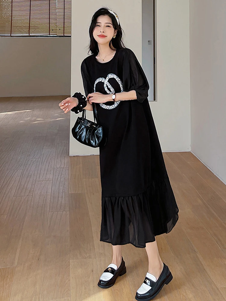 NYFS Summer 2025 Women's Dress Loose plus Size Pearl Embroidery Patchwork Chiffon Short Sleeve Long Dress Robe Elbise