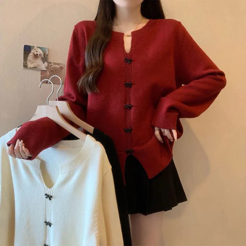 

Fashion V-Neck Bow Jumpers Knitted Autumn Winter New Solid Color Split Women's Clothing Korean Casual Long Sleeve Basic Sweaters