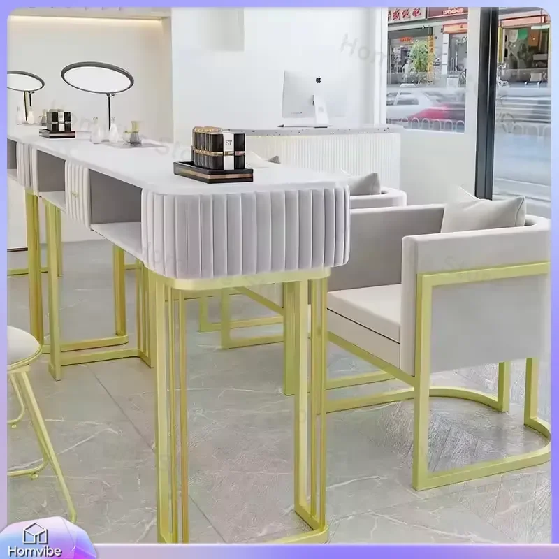 Deluxe Nail Table with Dust Collector for Nail Salon Furniture White Tabletop Pink Velvet Trim Gold Metal Frame Manicure Desk