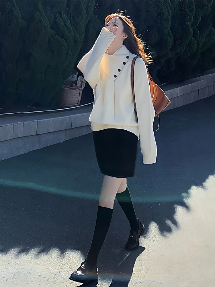 

Корейский дизайн, вязаный свитер, женский свободный универсальный осенне-зимний новый свитер, высококачественный длинный топ с высоким воротником