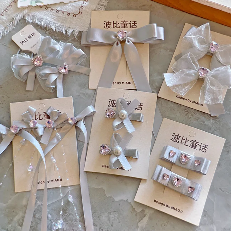 

Gray Pink Rhinestone Bow Ribbon Streamer Hair Tie and Clip Ballet Sweet Hair Accessories Headwear for Daily Party Cute Soft