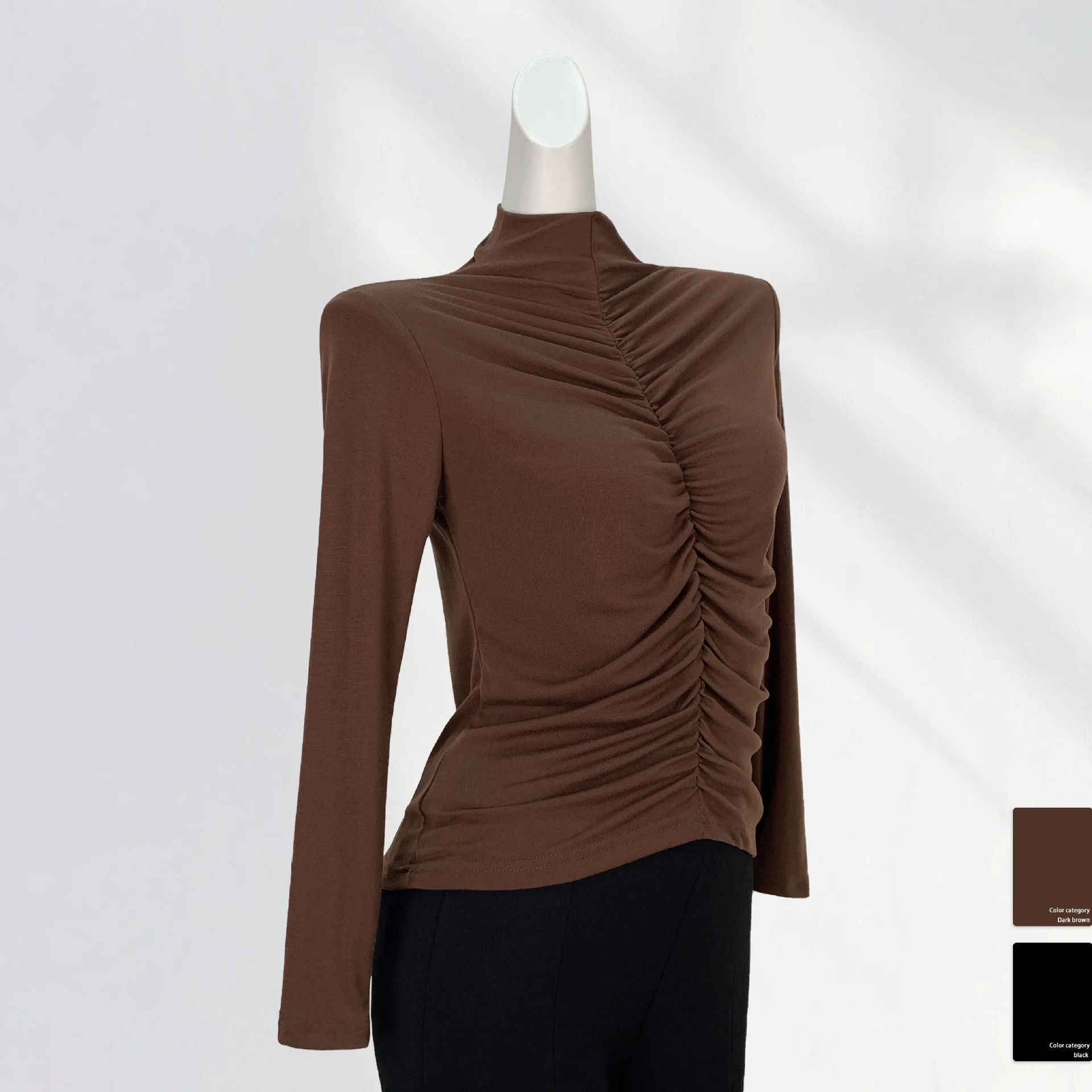 

Women's Long Sleeve Pleated Inner Slim Top Premium Sense Bottoming Shirt French Design Half High Neck Spring