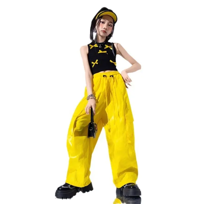 

Children Jazz Modern Dance Costumes For Girls Black Vest Yellow Cargo Pants Drum Sets Kids Hip Hop Dance Stage Clothes