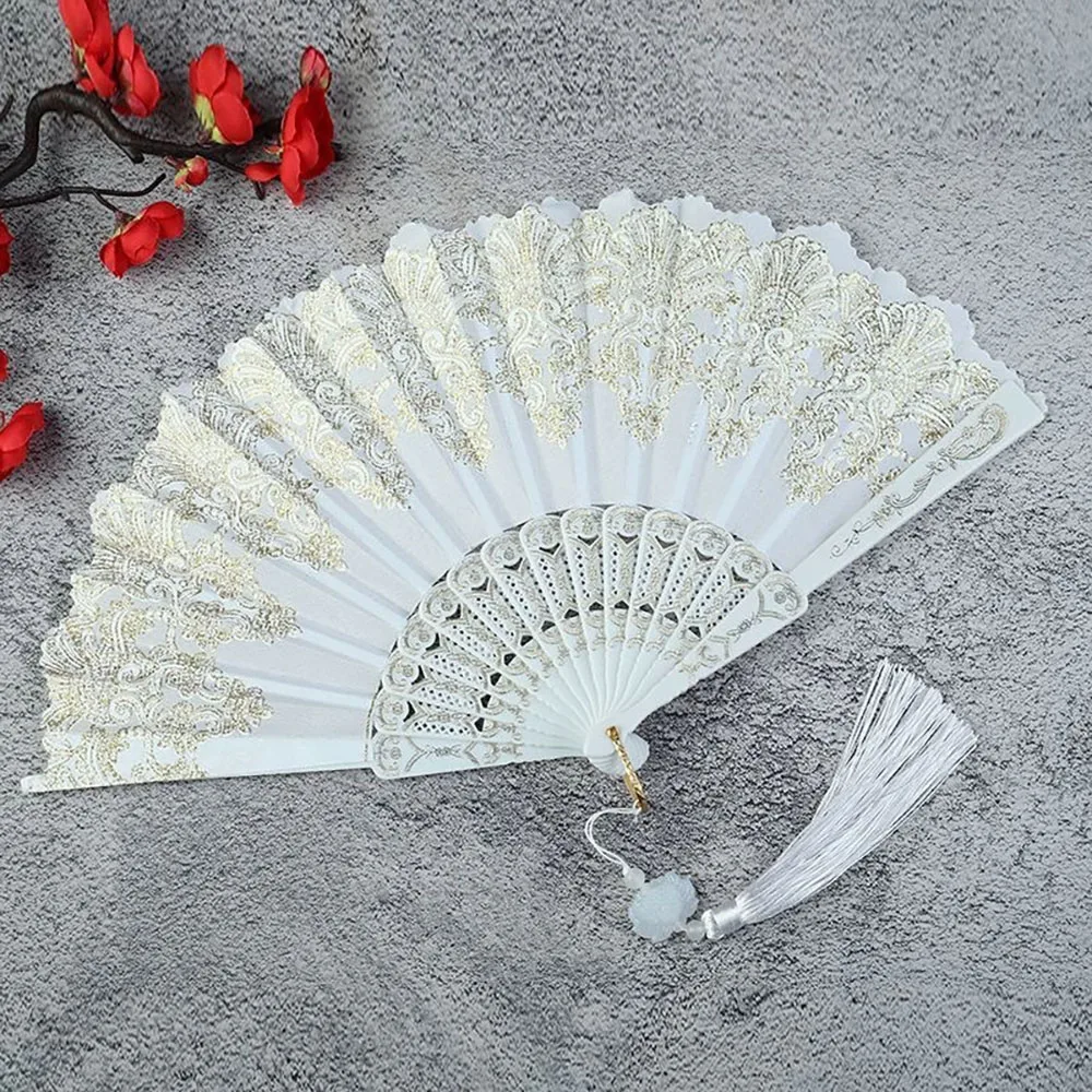 Retro Lolita Gothic Fan Hot Stamping Flower Carving Folding Fan Plastic Hand Fan Wedding Cosplay Prop Party Decor