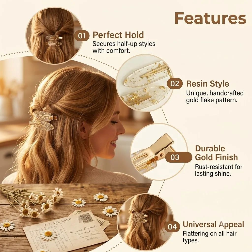 

2pcs Acetate Hair Clips Clear Gold Foil No Crease Grip Elegant Marble Pattern Durable Hair Accessories For Women