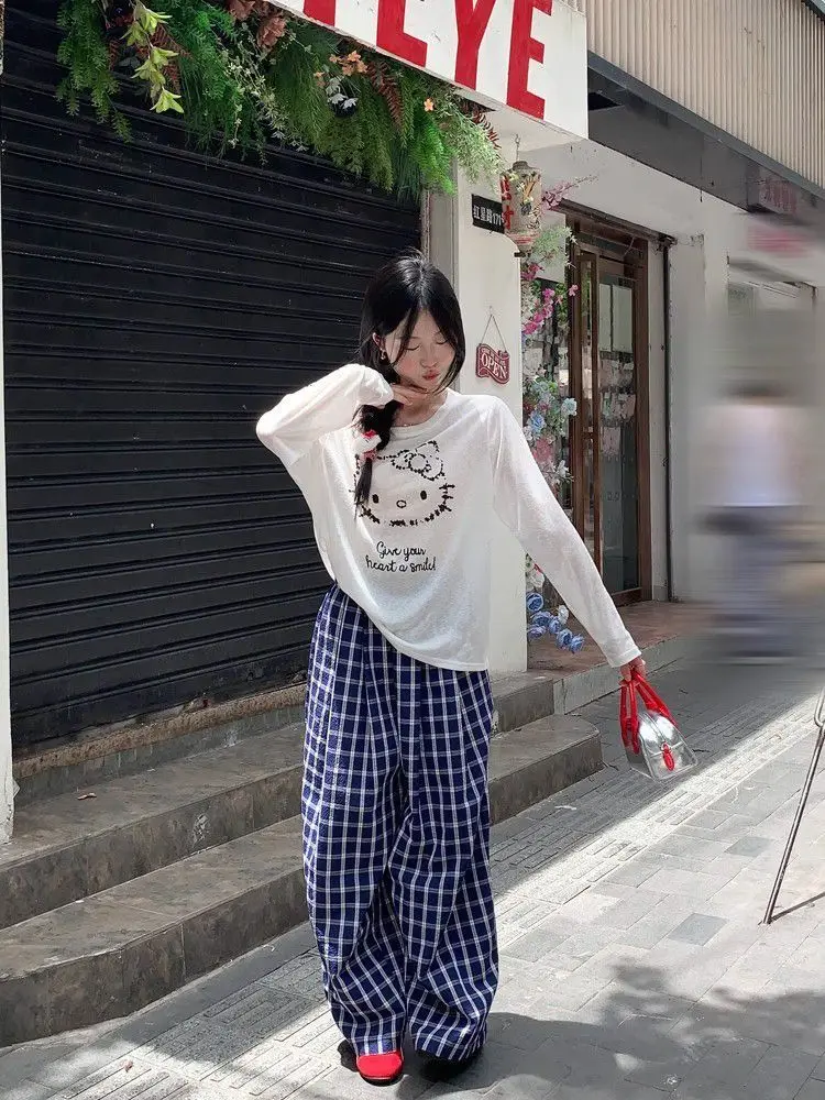 Zomer 2025, dames dunne lange Sve-pak, casual broek, blauwe geruite losse pasvorm, comfortabele polyestermix, woon-werkverkeer