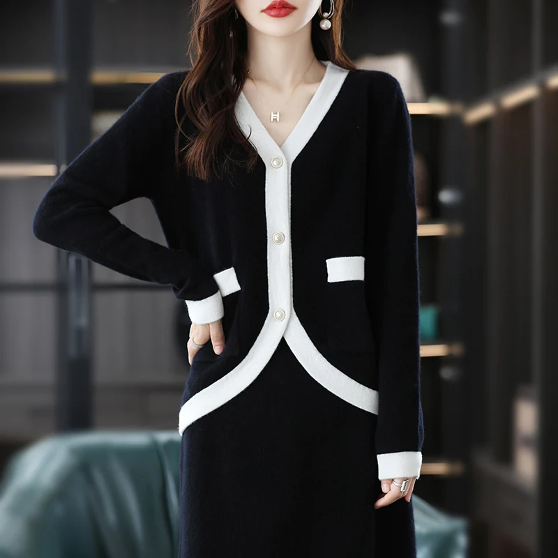 2023 Spring and Autumn 100%Wool Knitting Suit Women's Two-Piece Small Fragrance Cardigan Sweater Skirt Wool Suit Skirt