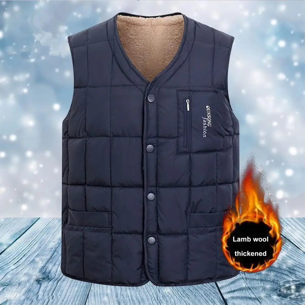 

Men Winter Fall Vest Coat Padded Thick Loose V Neck Single-breasted Pockets Sleeveless Windproof Warm Plush Father Waistcoat