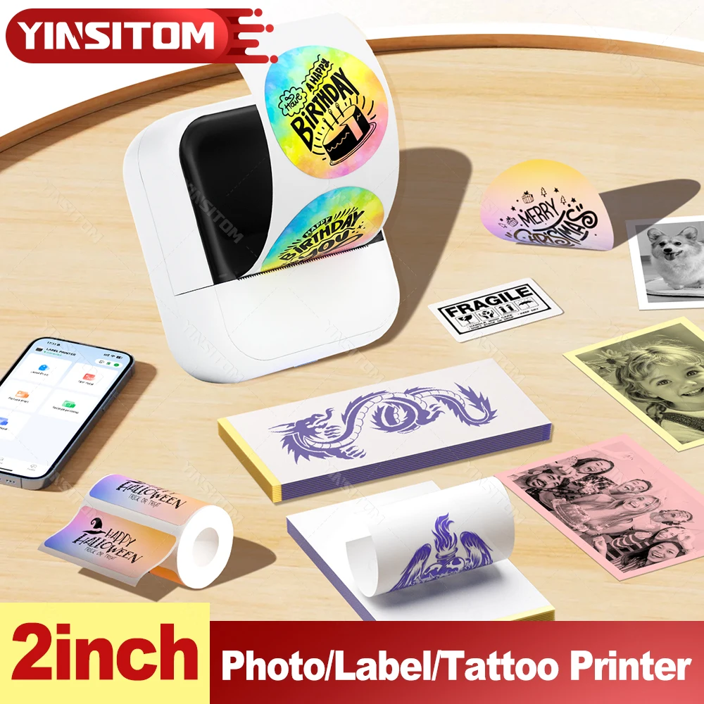 2 Inch Portable Thermal Label Photo Printer With Tapes Adhesive Paper Roll Mini Bluetooth Sticker Maker Support Smartphones PC
