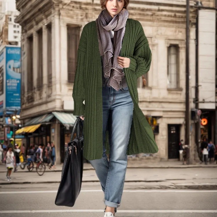 Autumn And Winter Women's V-Neck Medium Long Knitted Cardigan Lantern Sleeve Sweater For Women