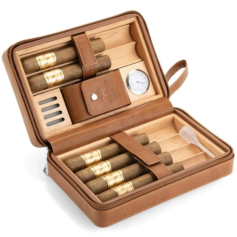 New Travel Cigar Humidor Gadgets Portable Leather Cigar Case 4-6 Tubes Cigars Holder Cedar Wood with Hygrometer Humidor