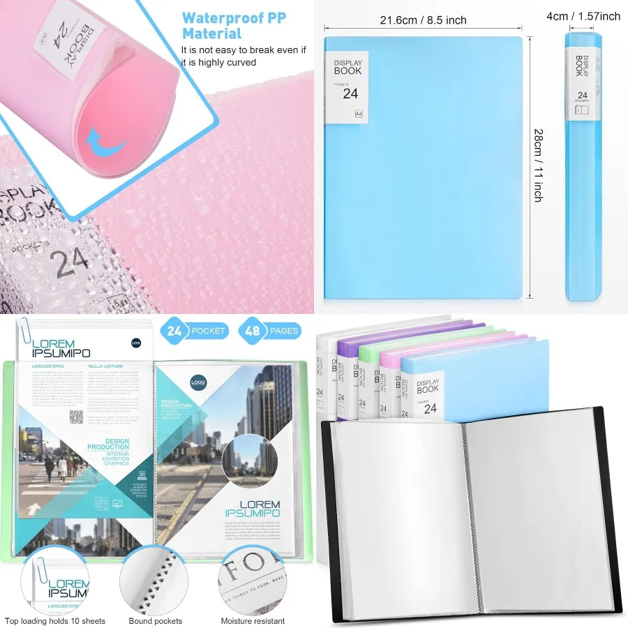 6 عبوات من الألواح البلاستيكية مع أكمام بلاستيكية 24 جيبًا لمحفظة العرض الفنية مقاس 8.5 × 11 بوصة مجلد محفظة فنية مع Cle