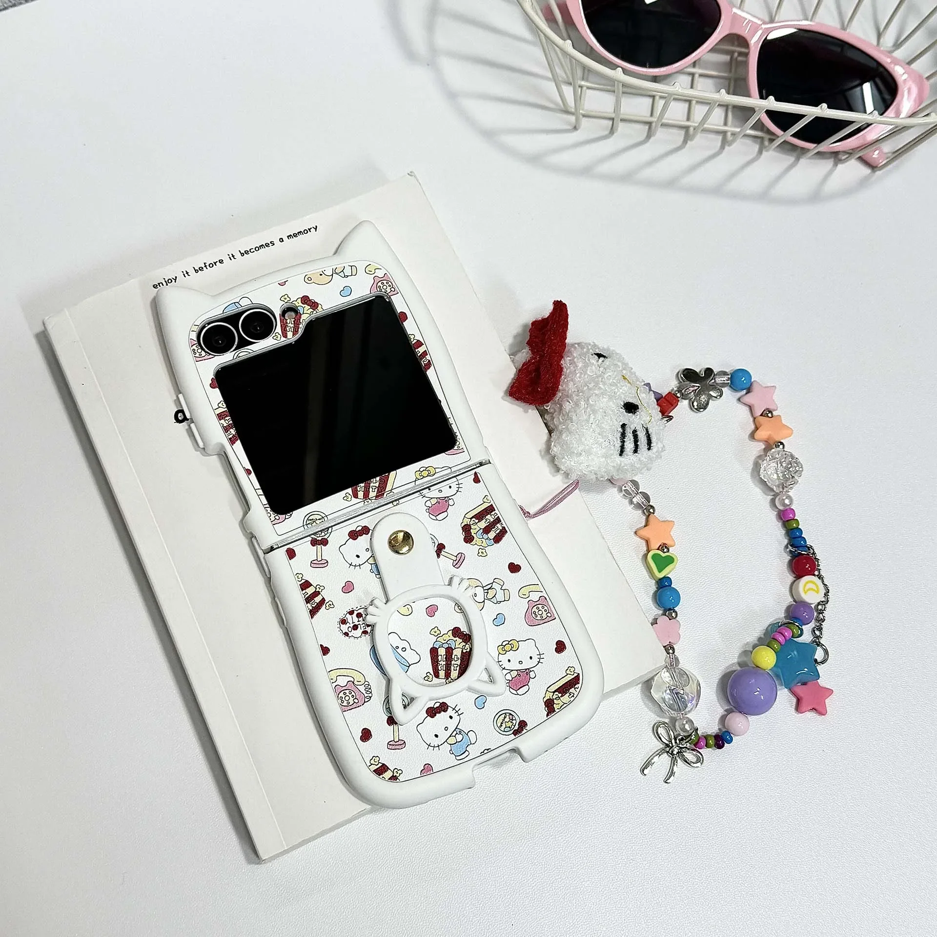 Hellokitty-Coque de téléphone avec lanière pour Samsung Galaxy Z Flip 3, 4, 5, 6, 5G, PC, couverture arrière rigide, anti-chute, dessin animé mignon, chaud, nouveau