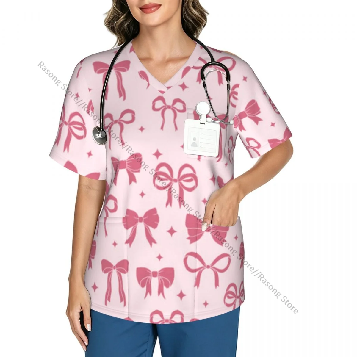 Women Scrubs Blouse Medical Nurse V-neck Clinical Scrubs Top Pink Bows And Ribbons Pattern Operating Room Work T-shirt