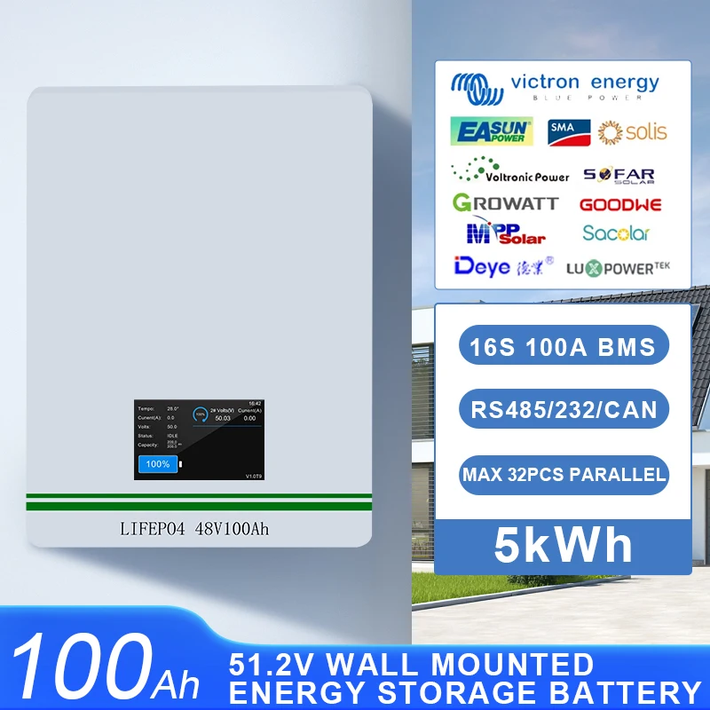 Lithium Battery Pack Solar Home Energy Storage And Power Generation Touch Screen Wall Mounted 48V51.2V100Ah LiFePO4 5KWh