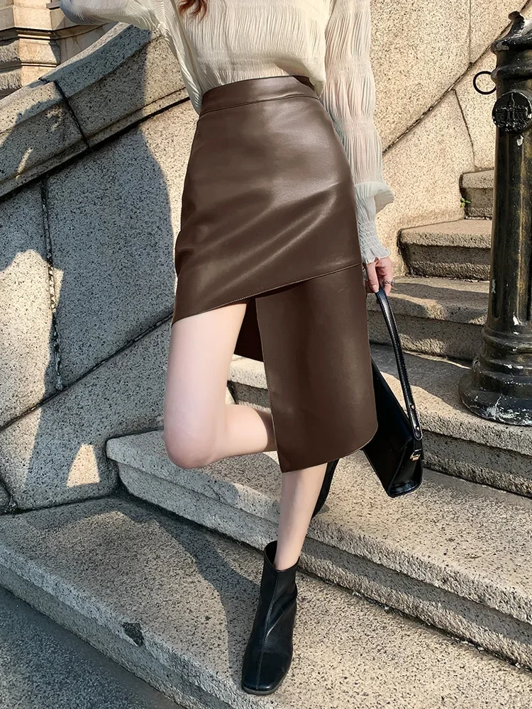 Genuine Leather Sheepskin High Waisted Irregular Skirt 2023 New Women Clothing Slim A-line Wrap Buttocks Leather Skirt Clothing