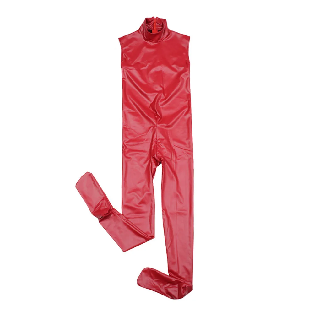 High-Neck Straitjacket Faux Latex PU Leather Jumpsuit Sleeveless Catsuit Zip Open Crotch Bodysuit Cosplay Performance Catwalks