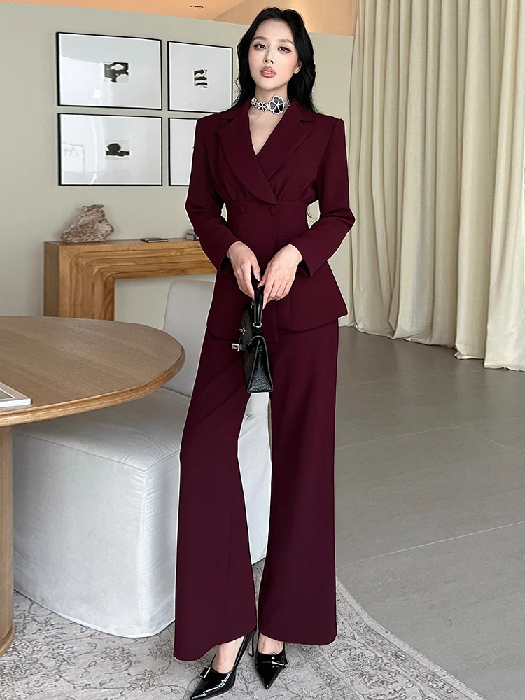 

Autumn Winter Casual Tailored Suit Top High Waist Flared Leg Pants Two Piece Set Women Slim Fit Long Sve Button up Blouse