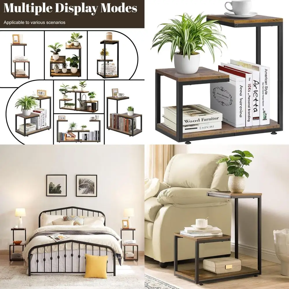 

3-Tier G-Shape Side Table, Metal Frame Sofa End Table, Compact Coffee Table for Living Room, Bedroom, or Nightstand