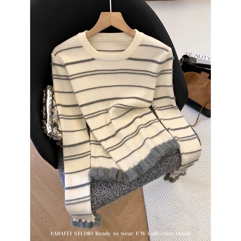 

Designed Fur Splicing Long-sleeved Women 2025 Autumn Winter Contrast Striped Woolen Sweater Lazy Style Top