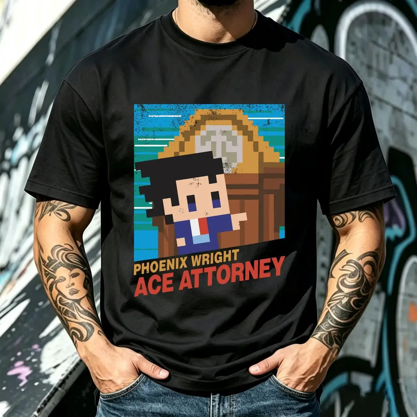 washed T Shirt ace attorney 8bit cover vintage Washed streetwear graphic Breathable Unisex Stretched Slightly Comfortable