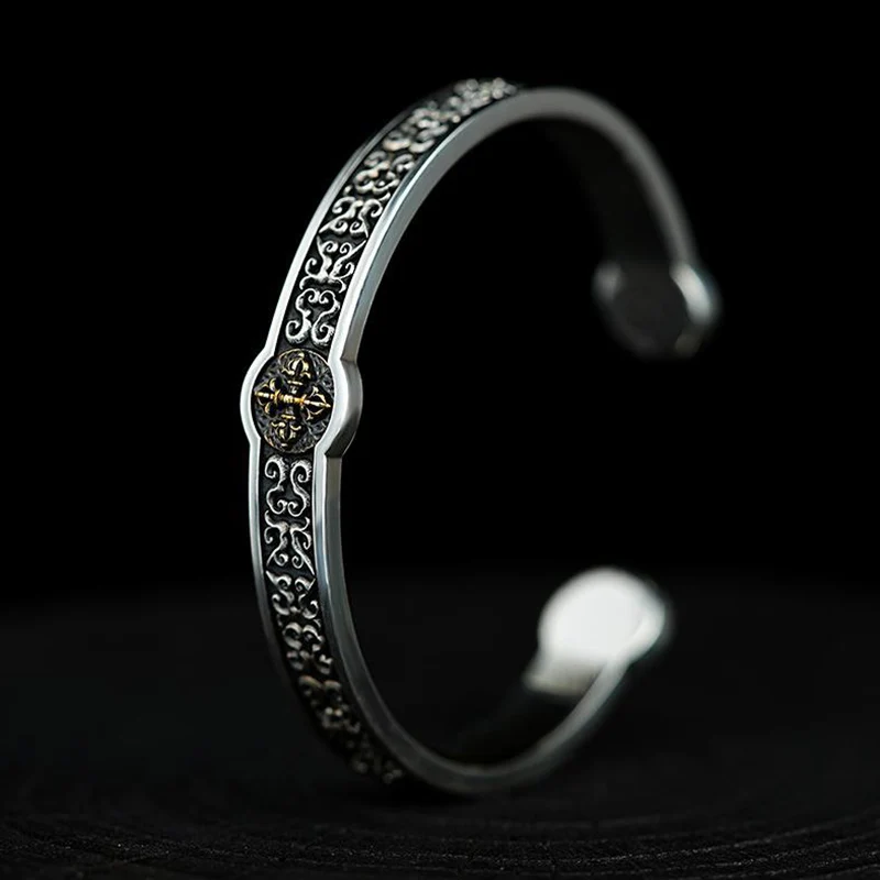 Retro Cross Vajra Bangle For Male Opening High Level Thai Silver Jewelry Chinese the Zang Nationality Style Bangles KOFSAC