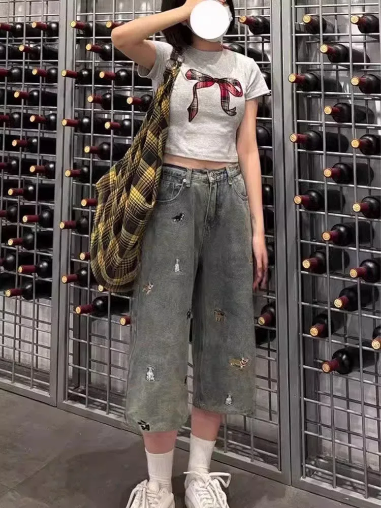 plus Size American Style Embroidered Dog High Waist Straight Leg Jeans Women's Spring New Slim Wide Leg Seven-Foot-Middle Pants