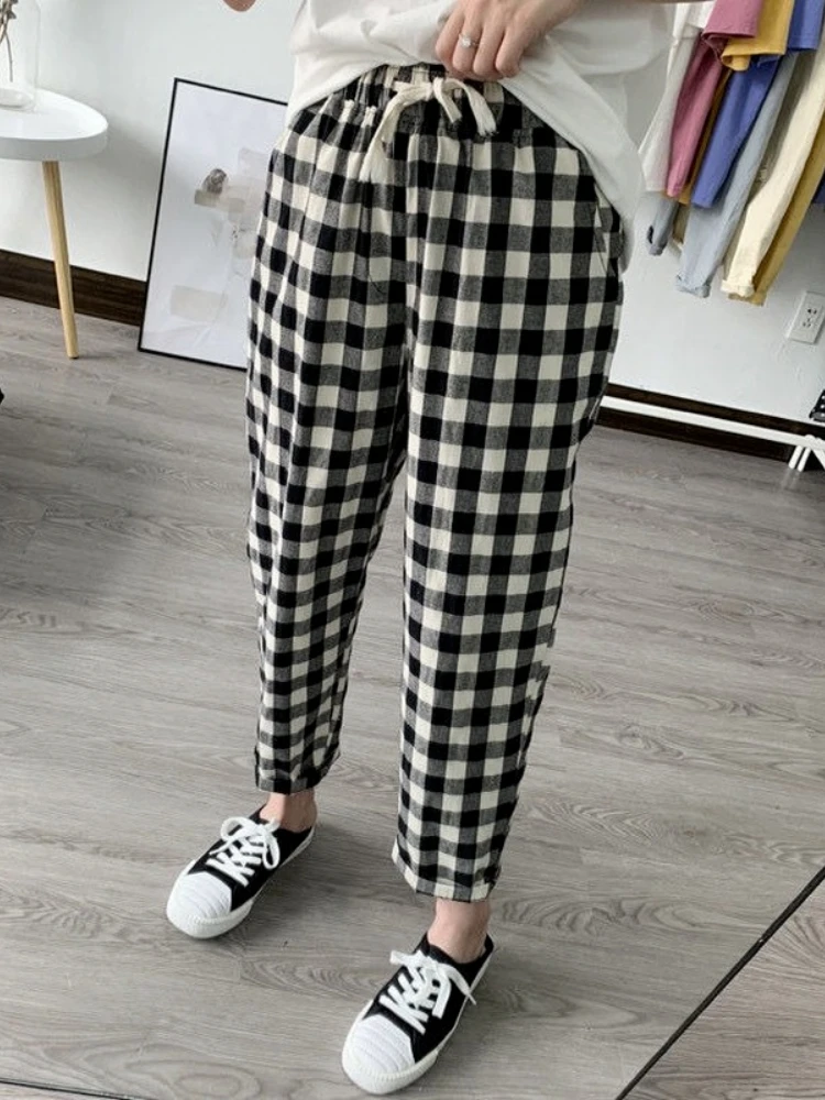 2024 Spring Summer Plaid Pants Women\'s  Harem Pants Capris Drawstring Waist Large Size Casual Loose Cotton Linen Trousers Women