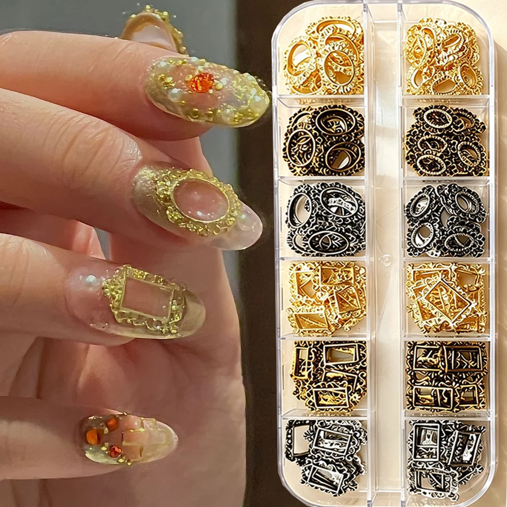 12Grids Retro Metal Photo Frame Nail Art Charms Hollow Gold/Black Square Oval Alloy Frame Nail Parts DIY Vintage Manicure Decor