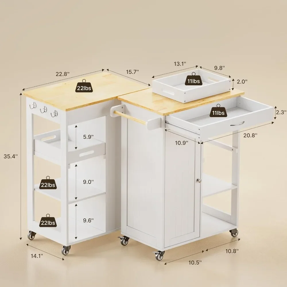 Kitchen Island Cart with Removable Tray, 27.6''W Rolling Utility Trolley Cart with Drawer, Cabinet, Towel Rack, Hooks and 3 Open