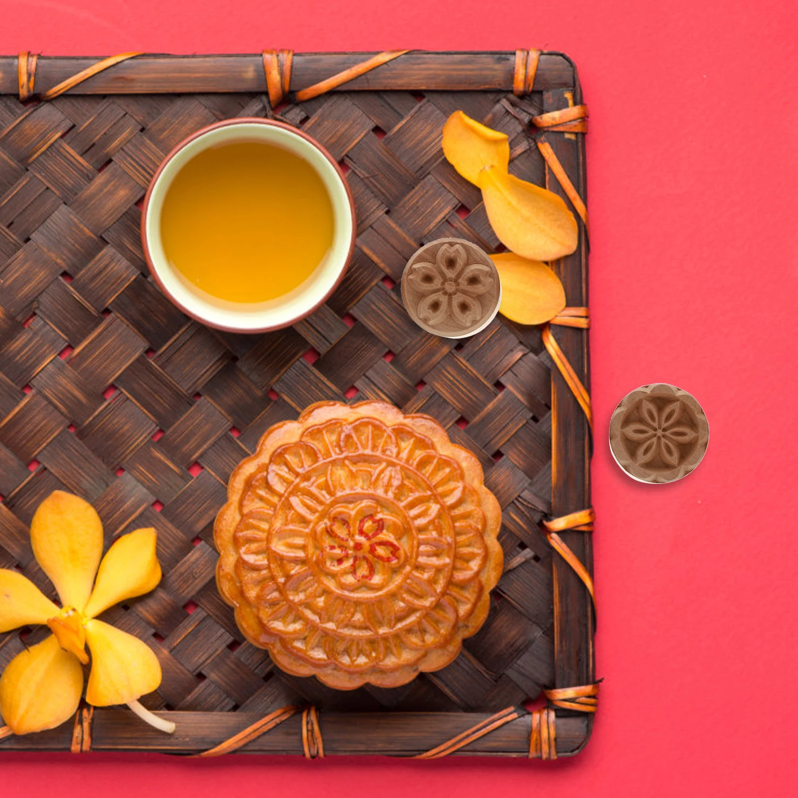 

4pcs Wooden Moon Cake Stamps 2 5cm Hexagon Plum Blossom Cherry Flower Snowflake Baking Pastry Tools Safe Professional