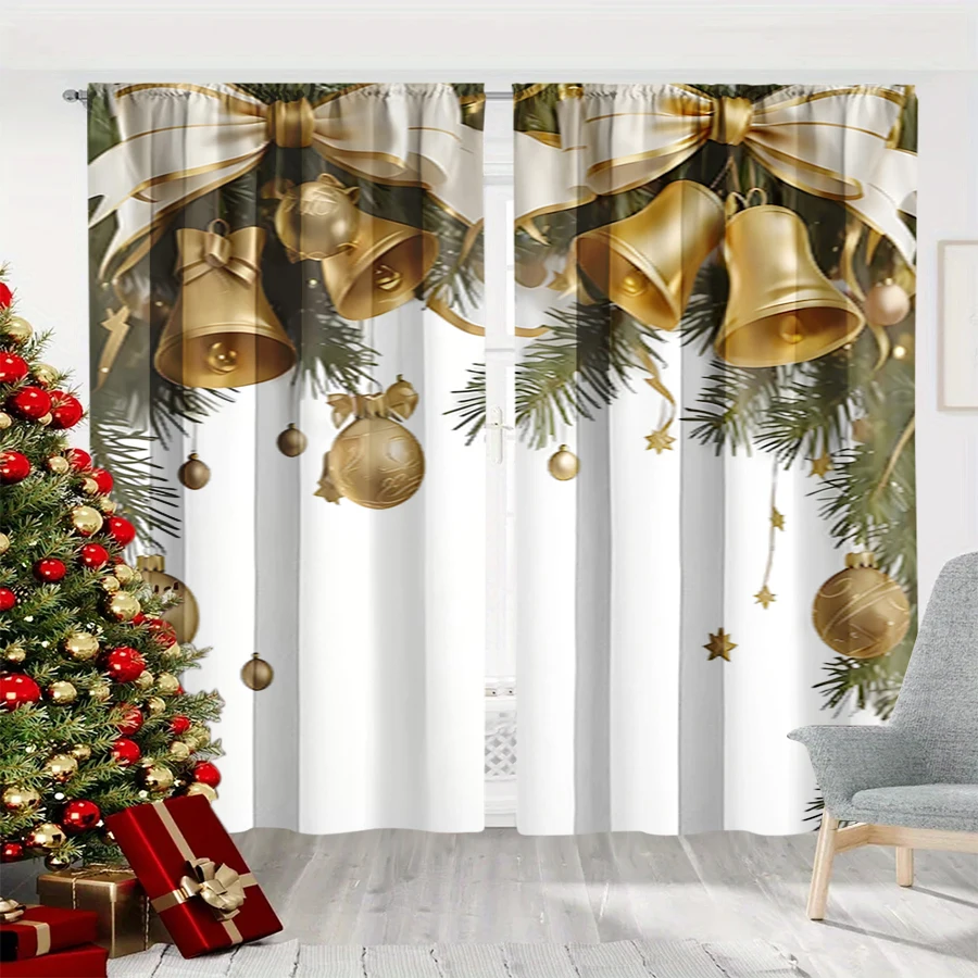 2PCS Christmas Bell Print Curtains, Gold Bow Bauble Pine Branch White Window Drapes for Xmas Holiday Bedroom Living Room