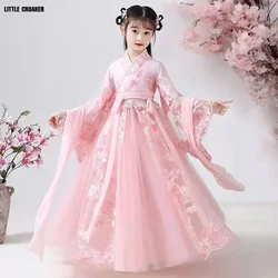 Chinese Traditional Folk Dance Dress Girls Pink Dance Fairy Costume Hanfu Girls Princess Dresses Set Kids Party Cosplay Clothing