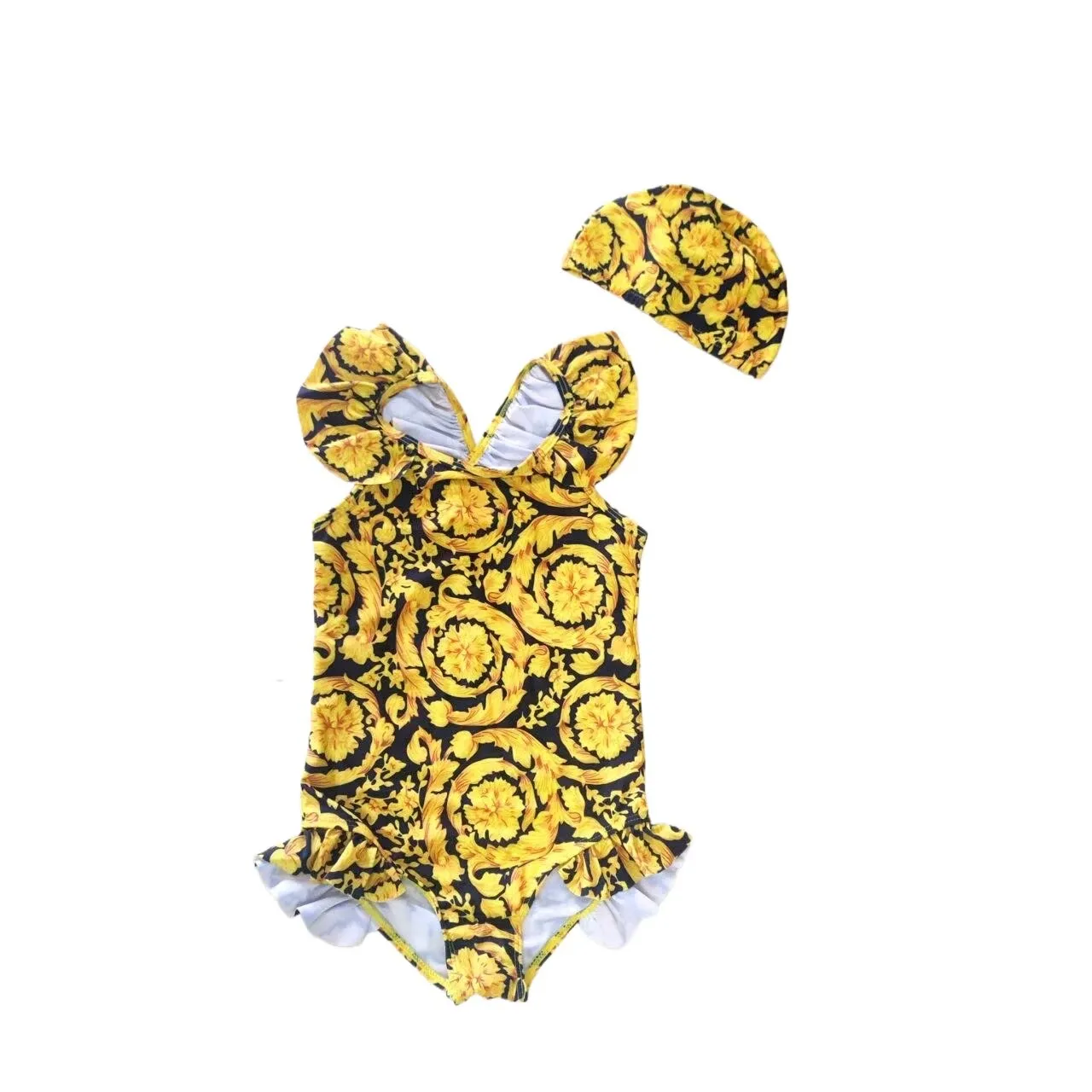 

2026 New Girl swimsuit one-piece bodysuit children's swim wear full printedg gold swimsuit high-end sports wear wholesale