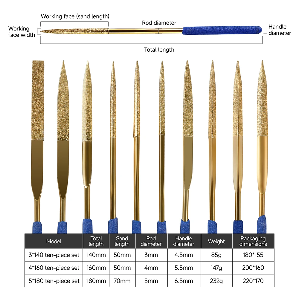 10pcs Titanium-Plated Diamond Files Set High Quality Mini Files for Metal Jade Woodworking Polishing Carving Grinding Hand Tools