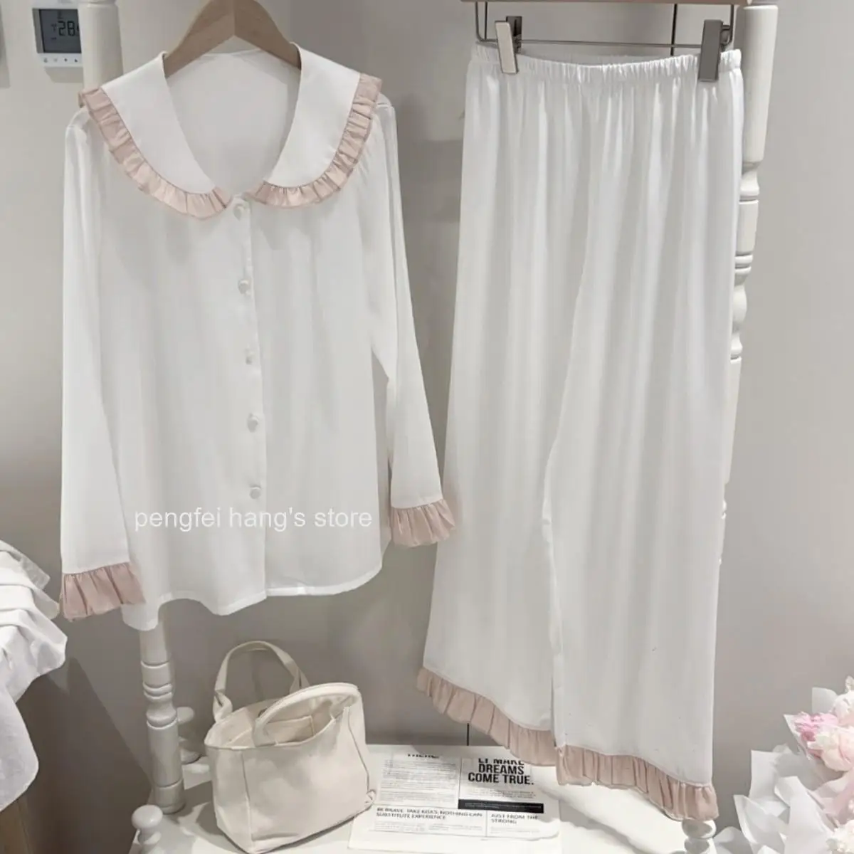 Ladies Spring Autumn Thin Ice Silk Sleepwear Sweet Lace Silver Thread Two Piece Set French Style Loungewear Suitable