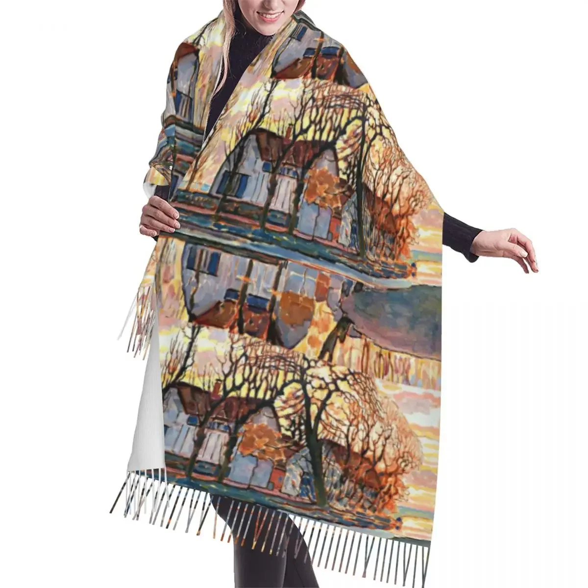 Fashion Piet Mondrian Abstract Art Farm Near Duivendrecht Tassel Scarf Women Winter Warm Shawls Wraps Lady Versatile Scarves